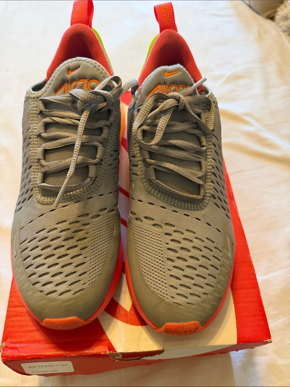 Nike Air Max 270 Men’s Grey with Neon Yellow and Bright Orange Accents